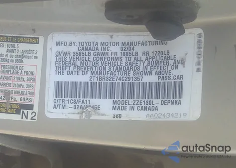 2004 Toyota Corolla Ce/Le/S из США, поврежденный, VIN 2T1BR32E74C291357